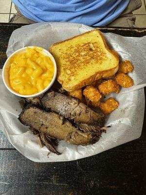 Brisket plate, tater tots, mac & cheese