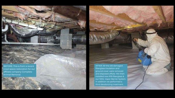 Before and after. Crawl space restoration with 10ML reinforced white poly.