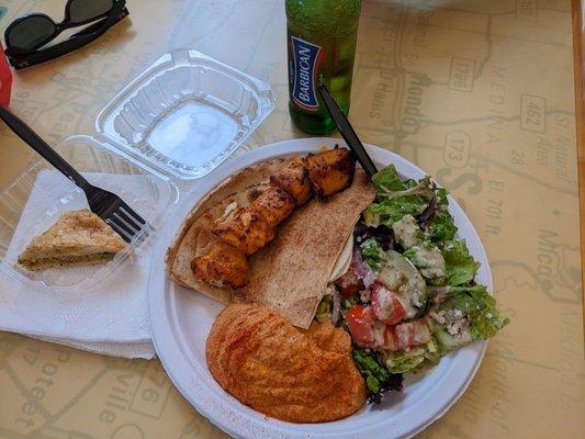 Grilled chicken kebab, spicy hummus, greek salad, baklava.