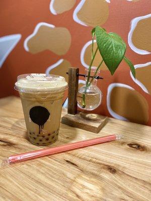 Nitro latte with peppermint and chocolate boba. Oat milk is a only .50¢ up charge.