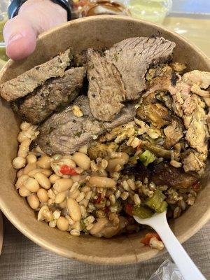 Roaster chicken, TriTip bowl with pinto beans and grains