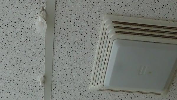 Dirty light/fan fixture caked with dust in the ceiling of the bathroom, accompanied by two small holes plugged with toilet paper.