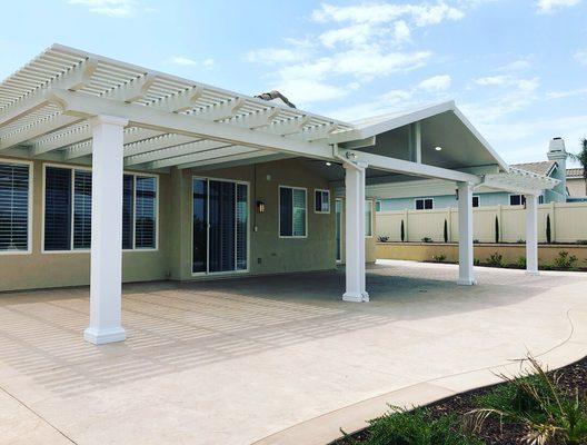 Gable Solid Top and Lattice Combo
Double Header Beams and Square Columns 
Recessed Lights with Dimmer
Ceiling Fan and Post Lights