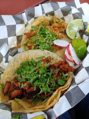 Pastor and pollo tacos. Pastor was the better of them.