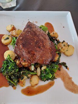 American wagyu beef, broccollini and fingerling potatoes