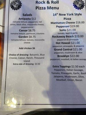 Pizza menu