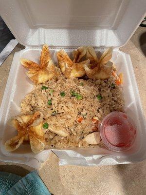 Chicken fried rice with crab Rangoons