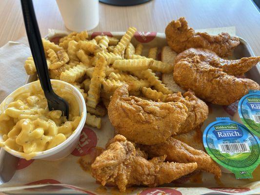 6 juicy tenders, side of mac, side of fries