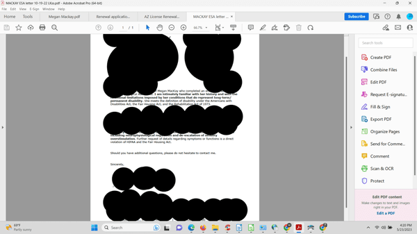 Legal letter for 2nd ESA written. It requests for more information which is a HIPAA violation. I work, constantly, our dog is our family.