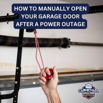 Manual release involves pulling the emergency release cord away from the door. Once your power goes back on, call us to restart your garage.