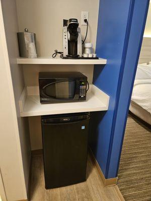 Refrigerator microwave and Keurig. There was also a safe in the wardrobe closet.