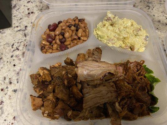 3 Meat Combo Platter  with brisket, pulled pork, bonfire bbq, Potato Salad and Pork and Beans