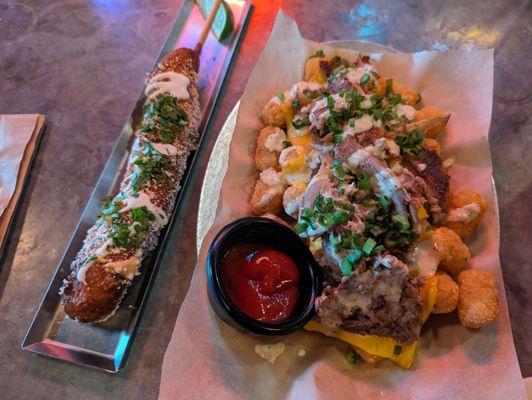 Elote corn dog + barcade tots