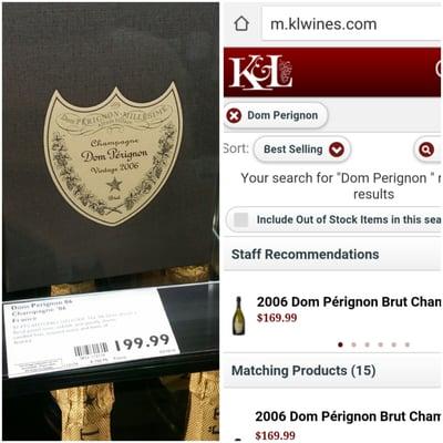 03/15/16 - 2006 Dom Perignon for $200. At K&L all over the Bay Area for $170, and I'm pretty sure I saw it at Costco last week for $160.