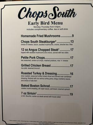 Chop South-Early Bird Menu