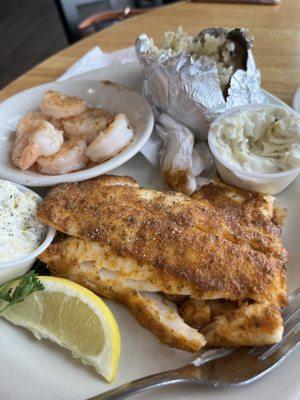 Cajun Cod with broiled shrimp & baked potato