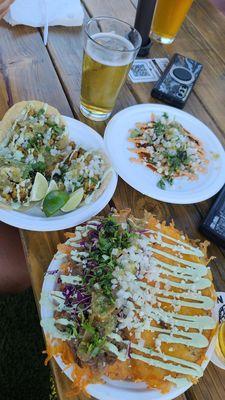 Birria torta, chicken tacos, mulita