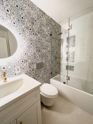 Blue and white natural stone bathroom remodeling and design