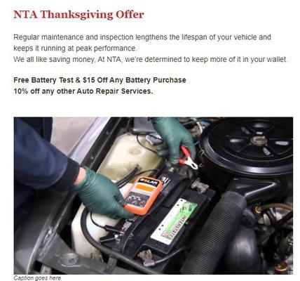 Happy Thanksgiving-Free Battery Test and Save $15  Expire 11/30/2020