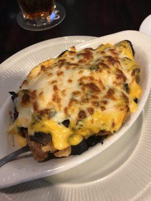 Mushroom appetizer. Cheesy, crostini, plenty of 'shrooms!