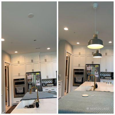 Before and after pendant lights installation over kitchen island