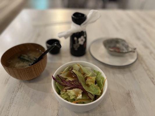 S1. Miso Soup, S5. Side Salad, hot sake