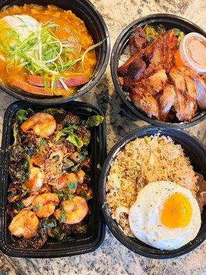 Curry Loco Moco, Half & Half Rice - Large, Fried Rice - Large & Brussel Sprouts - Small (clockwise)