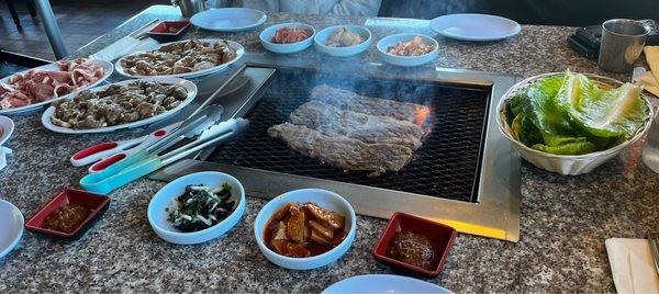 Beef- Chicken- Pork- Steamed Veggies and Rice- Kimchi- different types of chilies