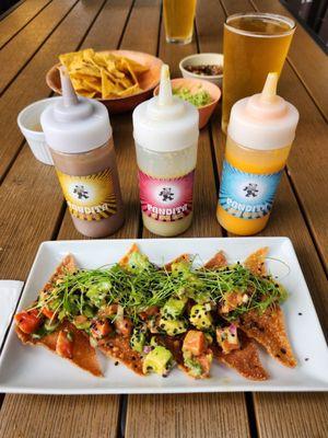 Mama's Salmon Tostadas and house hot sauces