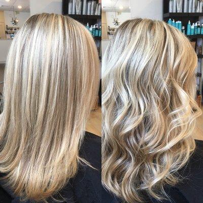 Platinum blonde highlights with a straight then beach wave style.