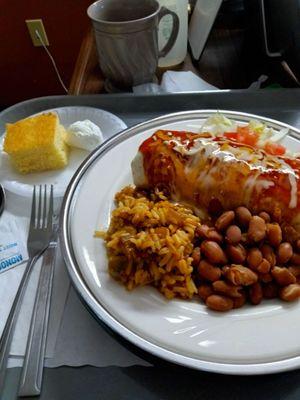 Huge burrito, beans and rice dinner.