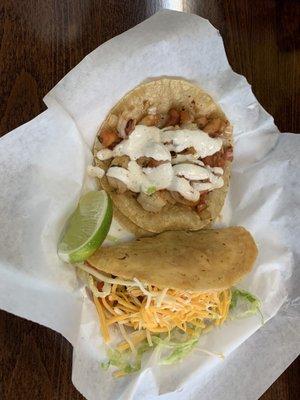 Top: shrimp taco Bottom: crispy beef taco