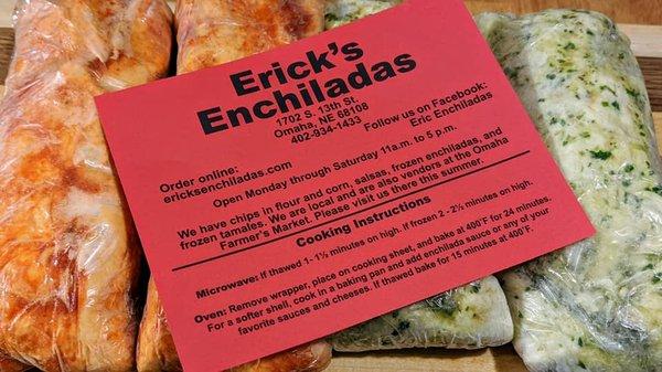 Enchiladas, contact info, and cooking instructions, etc.