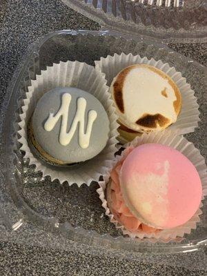 earl grey, creme brûlée, and strawberry yogurt macarons