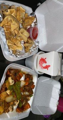 Crab Rangoon, egg drop soup, fried rice and shredded pork in hot garlic sauce