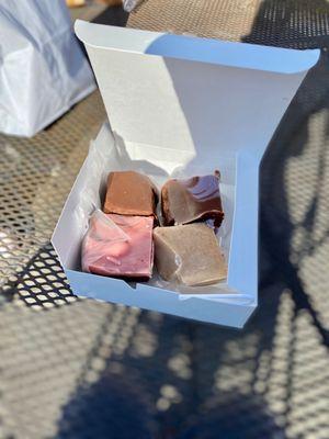 Our fudge: chocolate nut, huckleberry, jelly donut, and raspberry