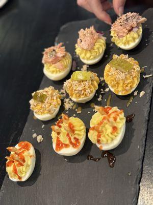 Crab Rangoon, Chicken and a Pickle, and Smoked Salmon deviled eggs