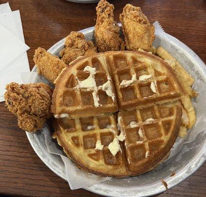 Chicken & waffles with French fries