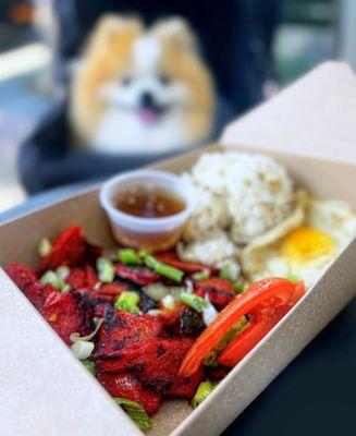 [Vegan] Tocilog: Mock pork slices in a sweet citrus marinade, vegan egg, garlic rice | $18 (+25 cents for spicy vinegar)