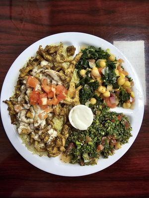 Chicken shawarma plate over rice, with tabboule and chick pea salad