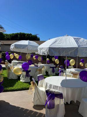 We have tables with umbrellas, linens, chair covers and bows!