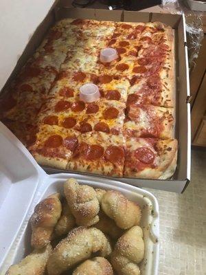 Sheet Pizza and knots..1/4 pineapple rest pepperoni.