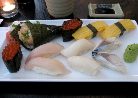 Nigiri and a spicy scallop handroll