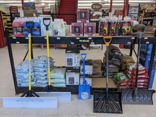 Snow Shovels, Ice Melt, blow up santa & snow man, electric heater.