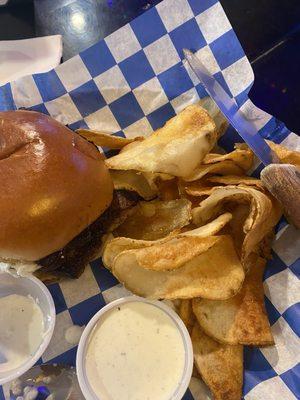 Brisket sandwich and crisps