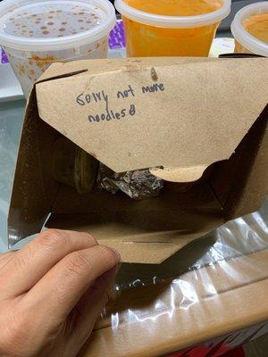 We got a note on a box instead of direct communication that we wasn't reviewing our Garlic Noodles .