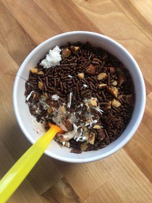 So good. Chocolate vanilla swirl with chocolate sprinkles, coconut and almonds