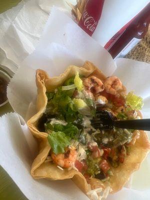 Tostada Salad with shrimp and all Toppings! Not bad at all!