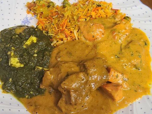 Saag paneer, lamb korma, chicken tikka masala, and rice pulao