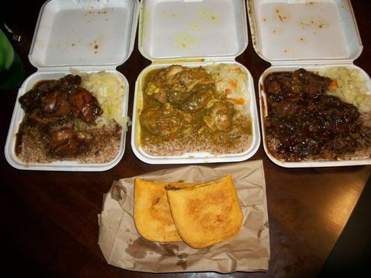 Brow Stew Chicken, Curry Chicken, Oxtails and 2 Beef Patties